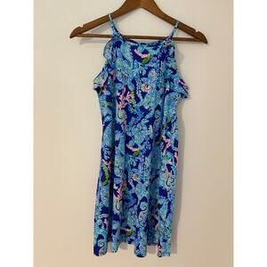 Lilly Pulitzer Girl's Mini Billie High Tide Navy Ruffle Sleeveless Dress XL EUC